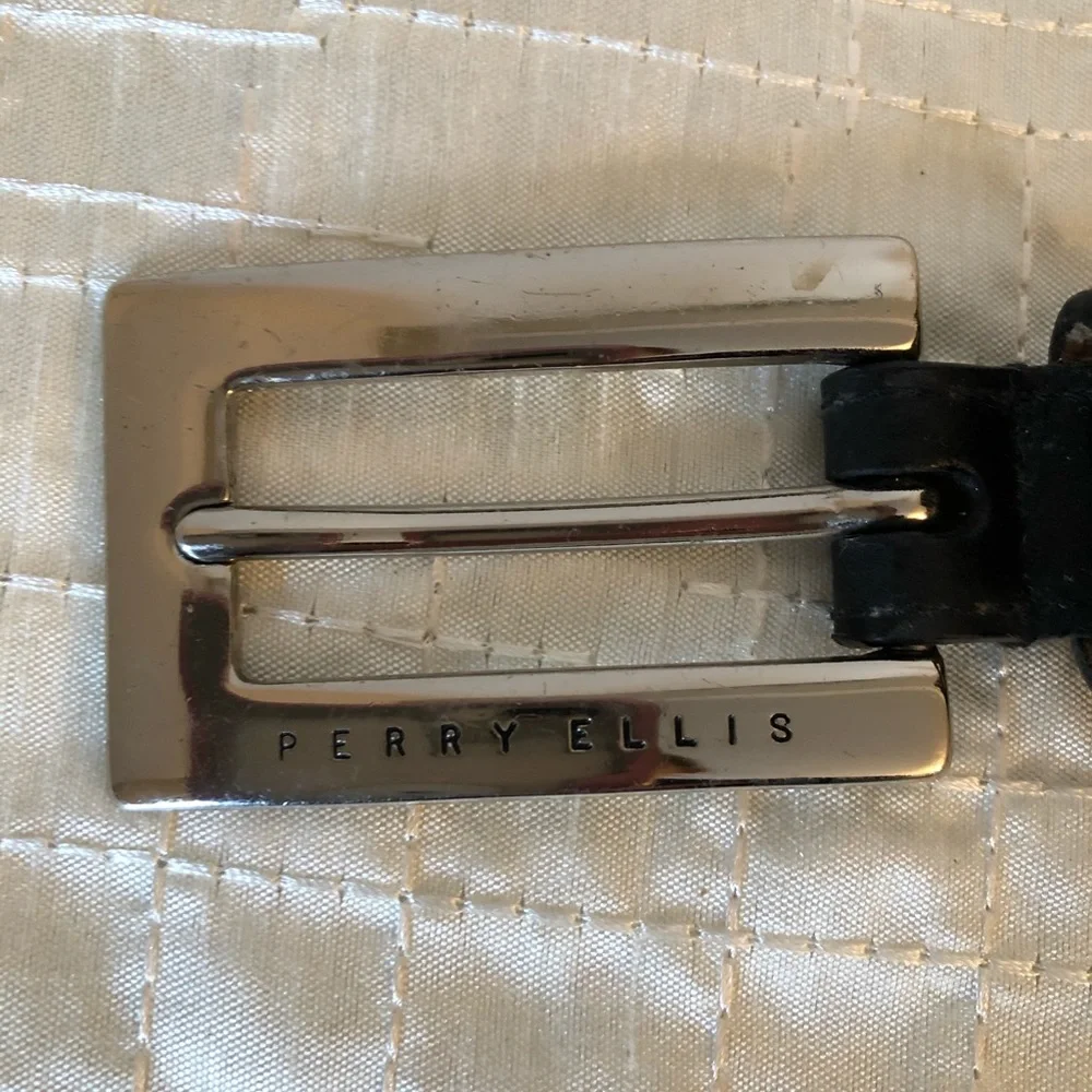 Perry Ellis Black Leather Belt with Silver Buckle